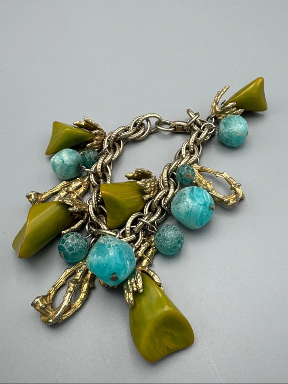 Gold-Tone Charm Bracelet with Teal and Olive Beads
